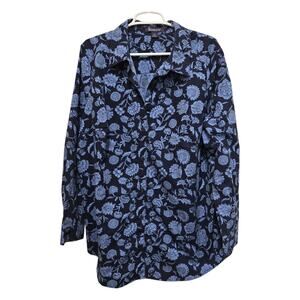 Roamans Floral Button Shirt 24W Black Blue Long Sleeve Plus